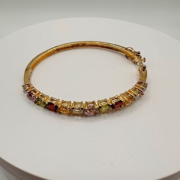 SALE! VTG Multi-gemstone cuff bracelet in gold tone over stamped .925! - Picture 3 of 7
